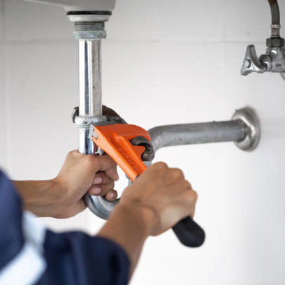plumber at work in a bathroom, plumbing repair service, assemble and install concept.